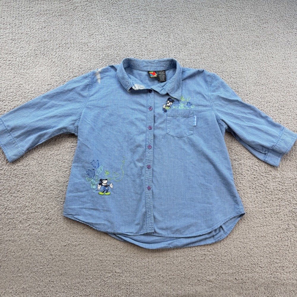 Vintage Mickey Unlimited Gingham Embroidered Shirt XL Blue White Jerry Leigh